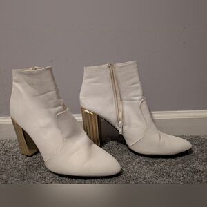Qupid White Ankle Boots with Gold Block Heel